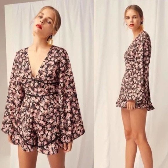 KEEPSAKE THE LABEL Floral Deep V Neck Bell Sleeve Romper Playsuit SMALL Chic - Picture 2 of 6